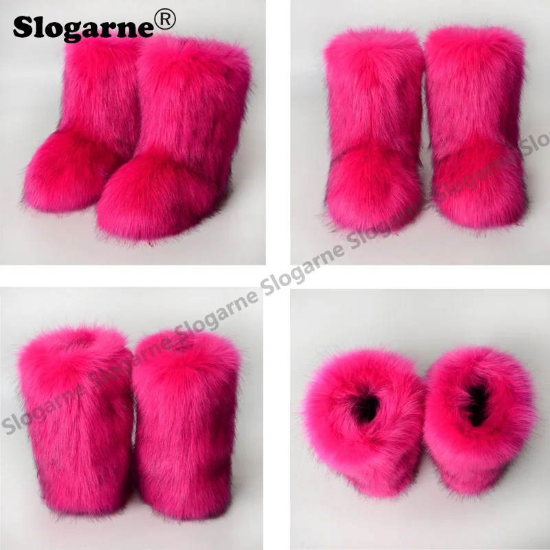 2024 Women\'s Winter Faux Fox Fur Boots Woman Plush Warm Snow Boots Luxury Footwear Girls\' Furry Fur Bottes Fashion Fluffy Shoes