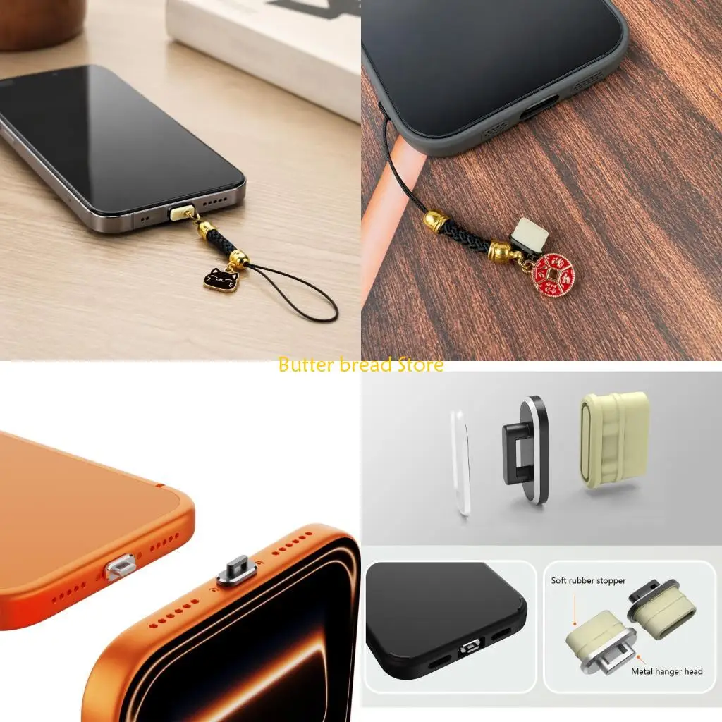 W89C USB C Port Dust Cover Charm for Phone Opening, Attached Carry Cord with Soft Insert and Metal Accent for Daily Carry