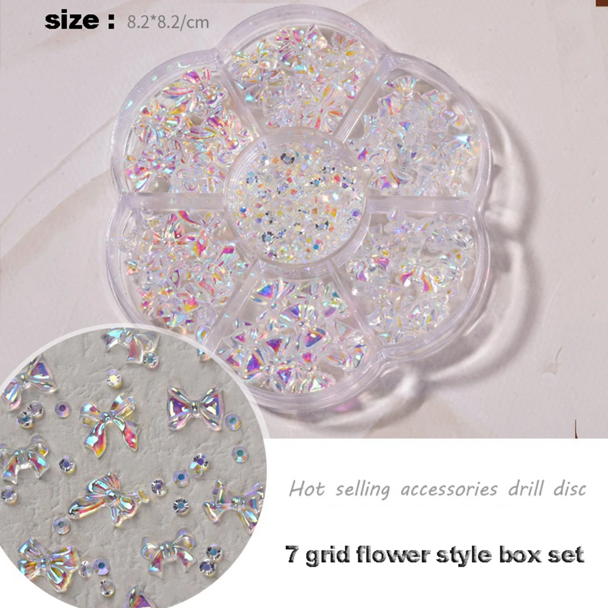 Mixed Boxed Kawaii Ribbon Bowknot Nail Art Decorations 7 Grids Super Flash Aurora Pearl/Bow/Bead 3d Nail Charms