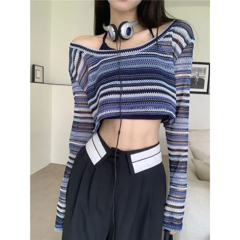 Striped Sun-proof Long Sleeved T-shirt Women Spring Korean Style Casual All-match Thin Hollow Out Short Style Fashion Y2k Tops