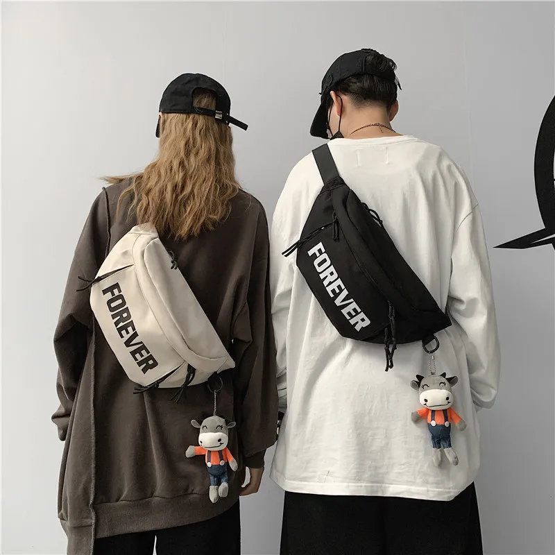 

1pcs Nylon Casual Sling Bag With Plush Pendant Street Style Crossbody Fanny Pack