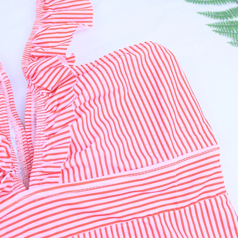 레드 러플 원피스 수영복 딥 브이넥 수영복 여성 수영복 비치웨어 모노키니 스트라이프 여성 수영복