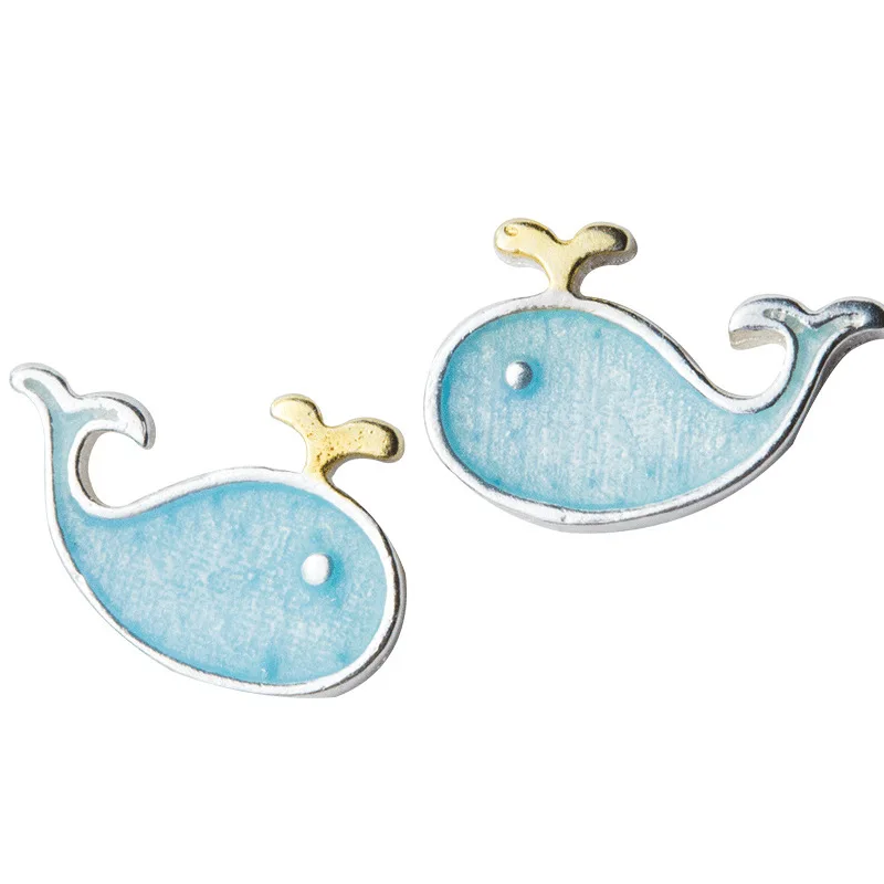 Wholesale Silver Color Blue Enamel Dolphin Stud Earrings for Women Girl Fashion New Piercing Jewelry Accessories