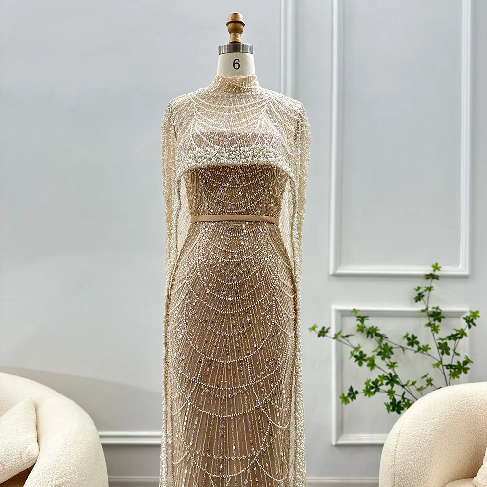 Sharon Said Luxus-Perlen Dubai Champagner Meerjungfrauen-Abendkleider mit Cape-Ärmeln Arabisches Hochzeits- und Abschlussballkleid SS369 Maßanfertigung – Detail 6