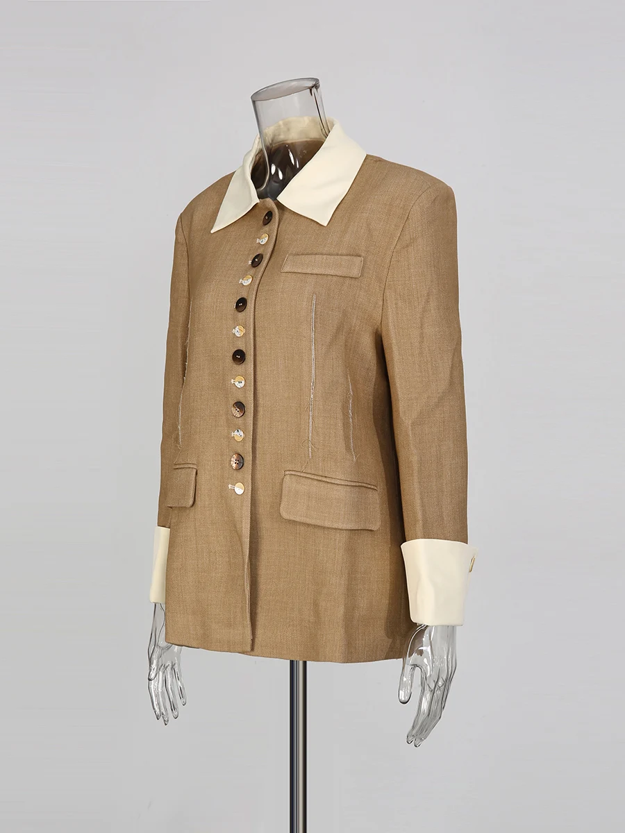 TWOTWINSTYLE سترات عتيقة ملونة مقسمة واحدة الصدر للنساء سترة نسائية جديدة بأكمام طويلة وطية صدر السترة #5