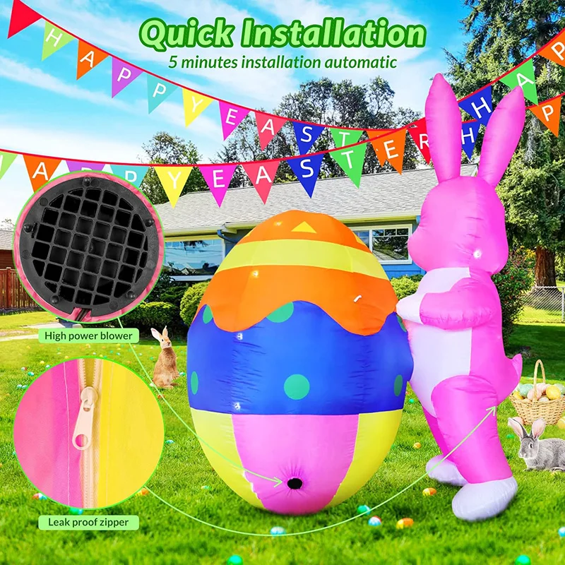 

6FT Tall Easter Party Inflatables Outdoor Bunny Colorful Easter Eggs Blow Up Yard Decooration Cleanrance with LED Lights Toys