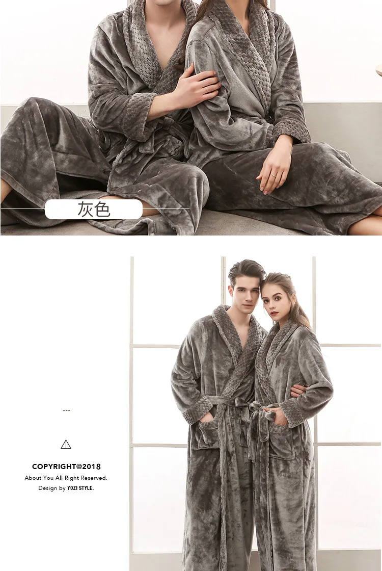Warmer Winter-Bade- und Schlaf-Loungewear aus weichem Plüsch für Herren, stilvoller, gemütlicher, passender, langer Nerz-Fleece-Patchwork-Bademantel für Paare – Detail 9