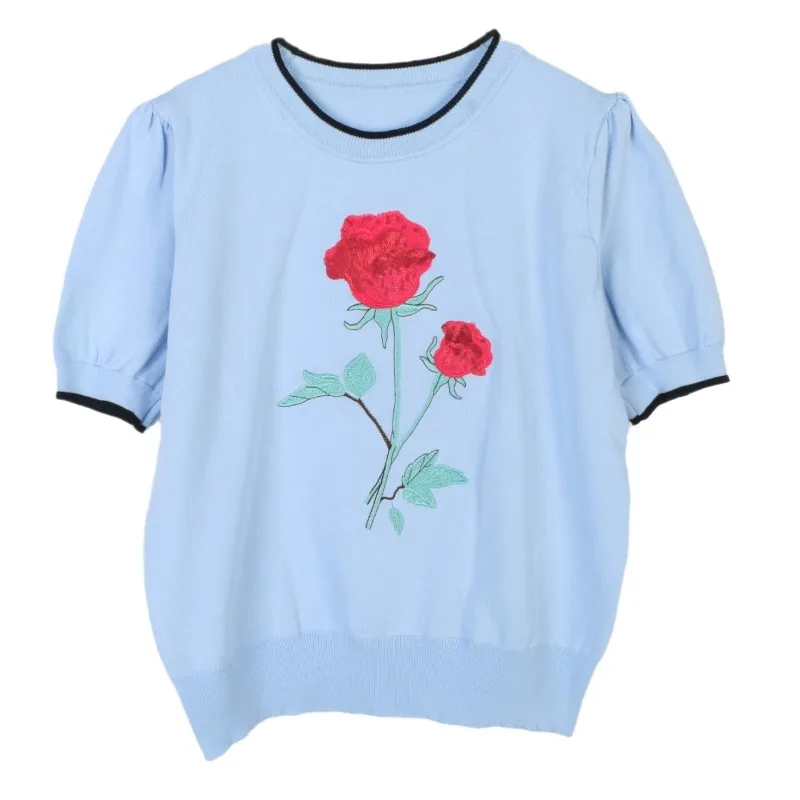 2024 Summer Knitted Women's Short Sleeve Solid Color Embroidered Rose Glitter Short Round Neck Knitted Shirt for Women