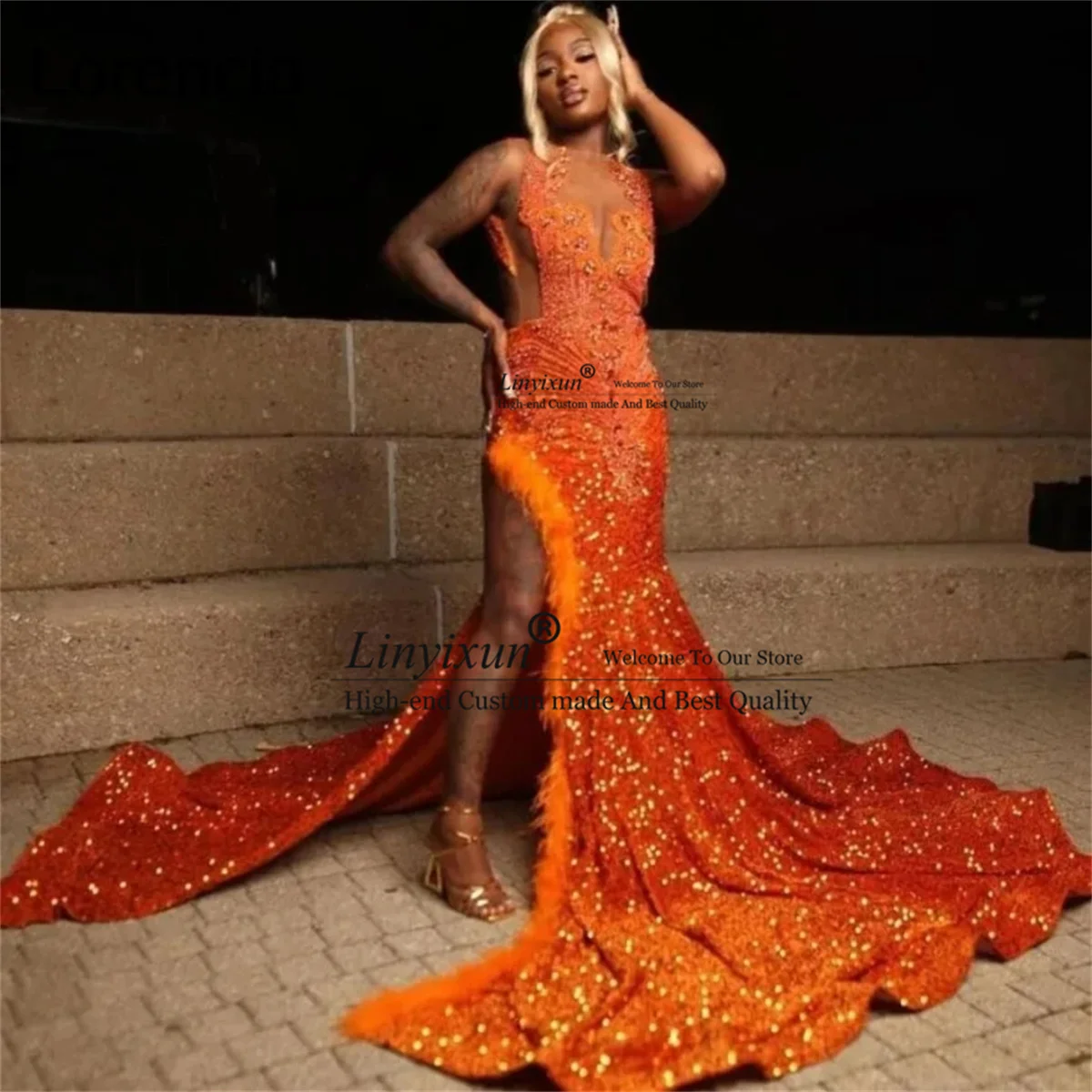 Sparkly Orange Mermaid Prom Dress for Black Girl Diamond Velvet High Slit Evening Gala Formal Party Dress Wear Feathers Gown