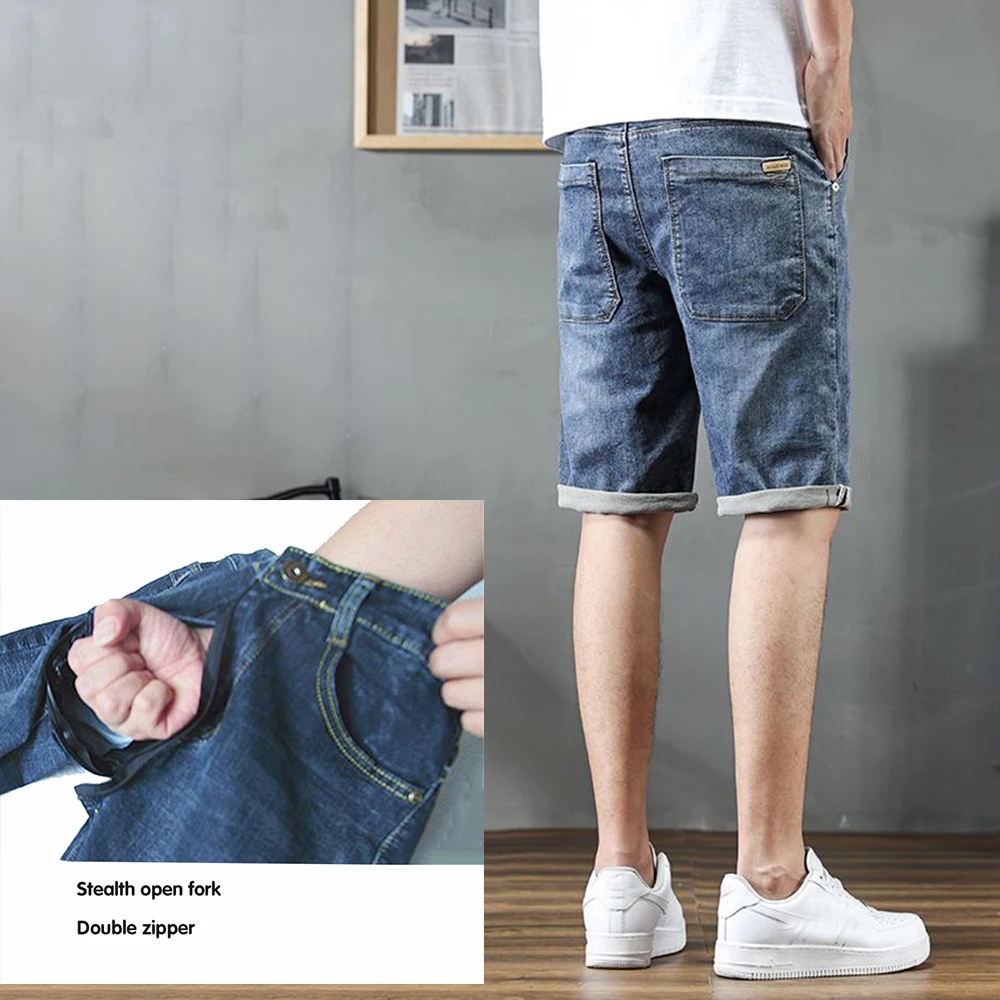 Invisible Open Crotch Outdoor Sex Jeans Short Pants Men Elastic Drawstring Denim Men's Summer Thin Casual Five-point Trousers