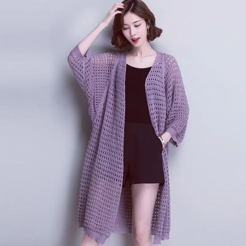 

2023 Summer Women Long Hollow Out Knitted Cardigan Casual Solid Thin Cardigans Coat Ladies Sun Protection Shirt Jacket P258