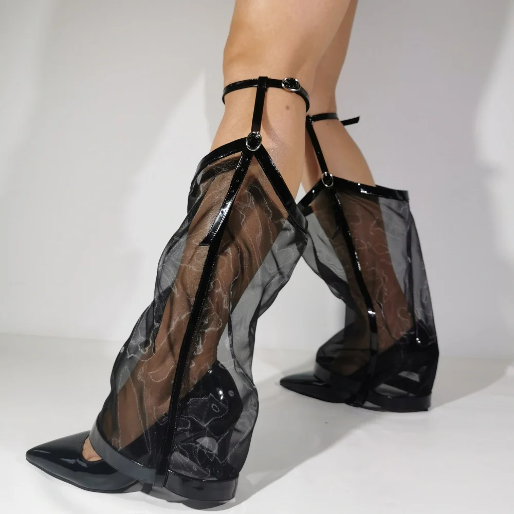 

Black Mesh Boot Shaft Thin Heel Single Shoes for Women Personalized Cool Motorcycle Shoes Pointed Cover Toe Pumps Large Size 42