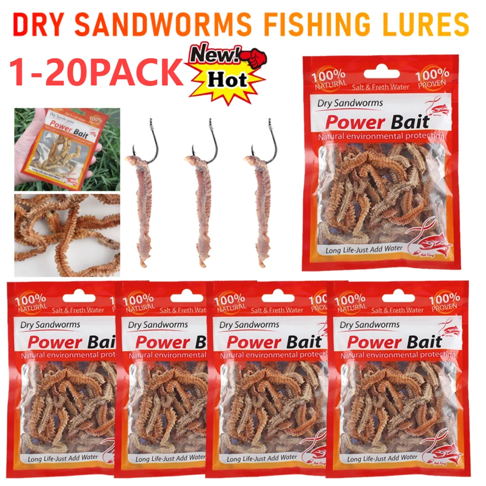 1-20PACK Dry Sandworms Fishing Lures Lifelike Dry Lugworm Artificial Sea Worms Fishy Smell Fishing Bait for Saltwater Freshwater