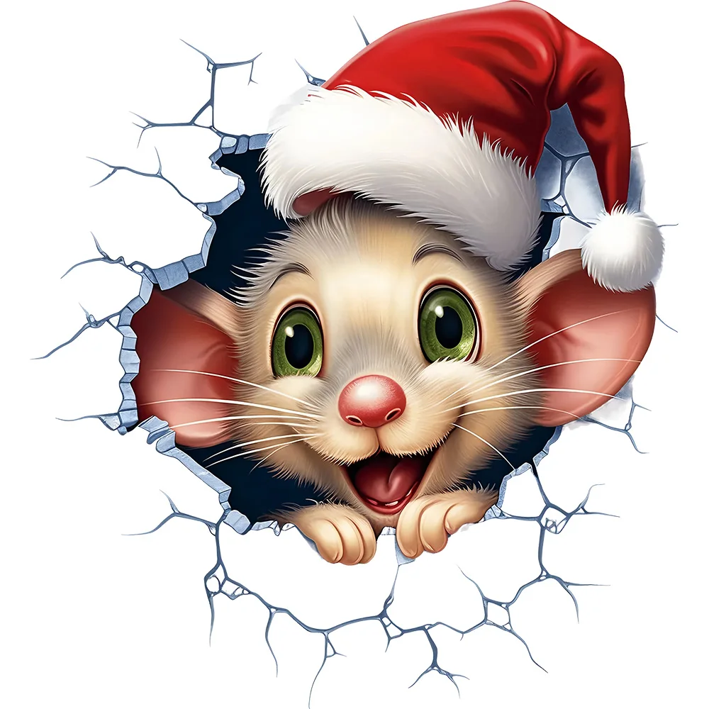 OZ3829#3D Broken Wall Christmas Rat Bright Bathroom for Home Decoration, Vinyl Decals, Art Wall Paper, Indoor Use
