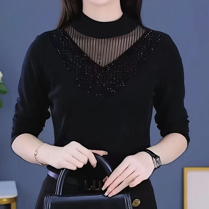 Fashionable Midlife Mom Lace Base Shirt Half High Collar Double Sided Velvet Diamond Pressed Slimming Small Shirt Casual Loos...
