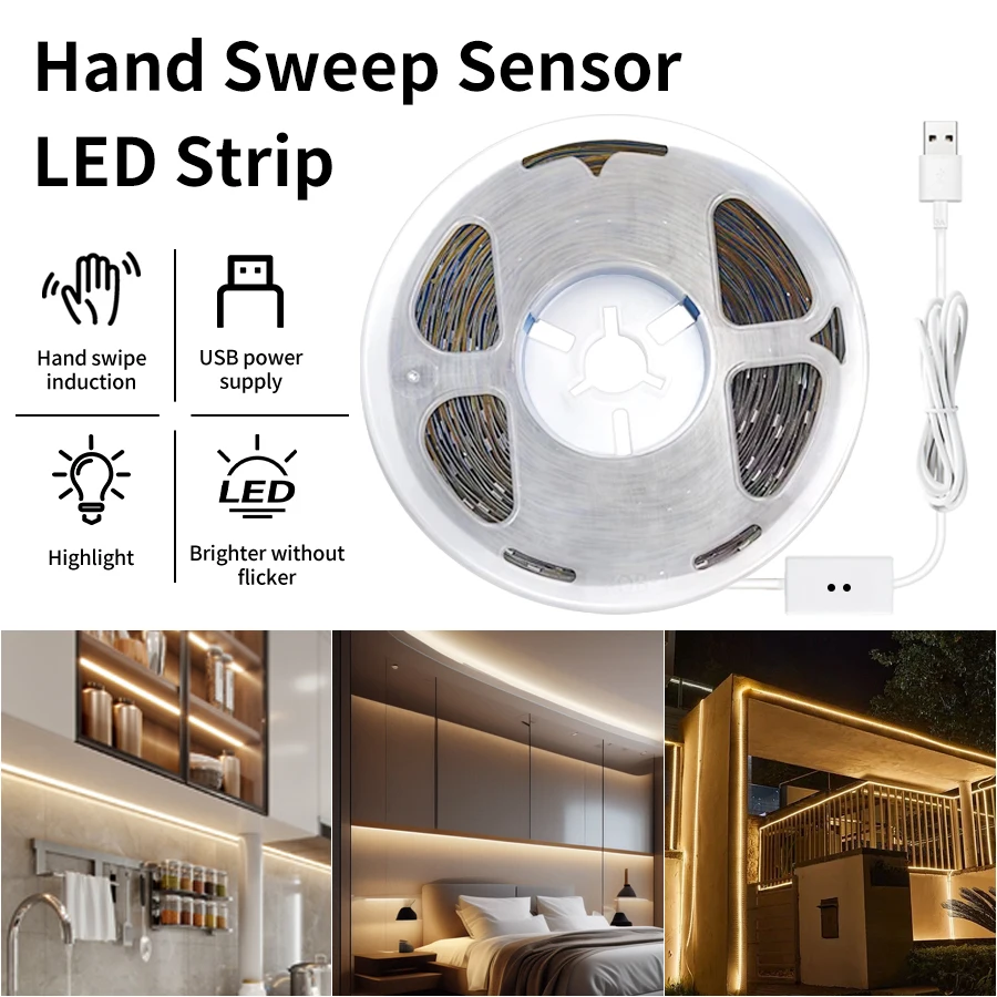 

5V LED Under Cabinet Light 1M 2M 3M 4M 5M 10M Hand Sweep LED Strip with Hand Scan Sensor Switch for Bedroom Cabinet Closet