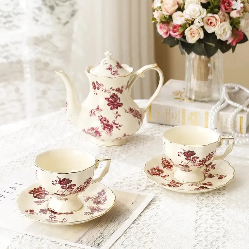 English Classical Coffee Cups and Saucers Nordic Court Afternoon Tea Set Teapot Retro Orchid Painting Cup Gold Stroke Drinking