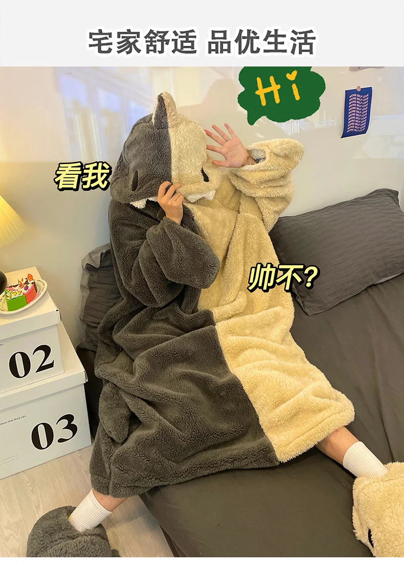 ملابس نوم نسائية من DAIMELU قميص نوم شتوي دافئ من الصوف المرجاني ثوب نوم لطيف مضحك رداء نوم بقلنسوة طقم بيجامات نسائي للفتيات