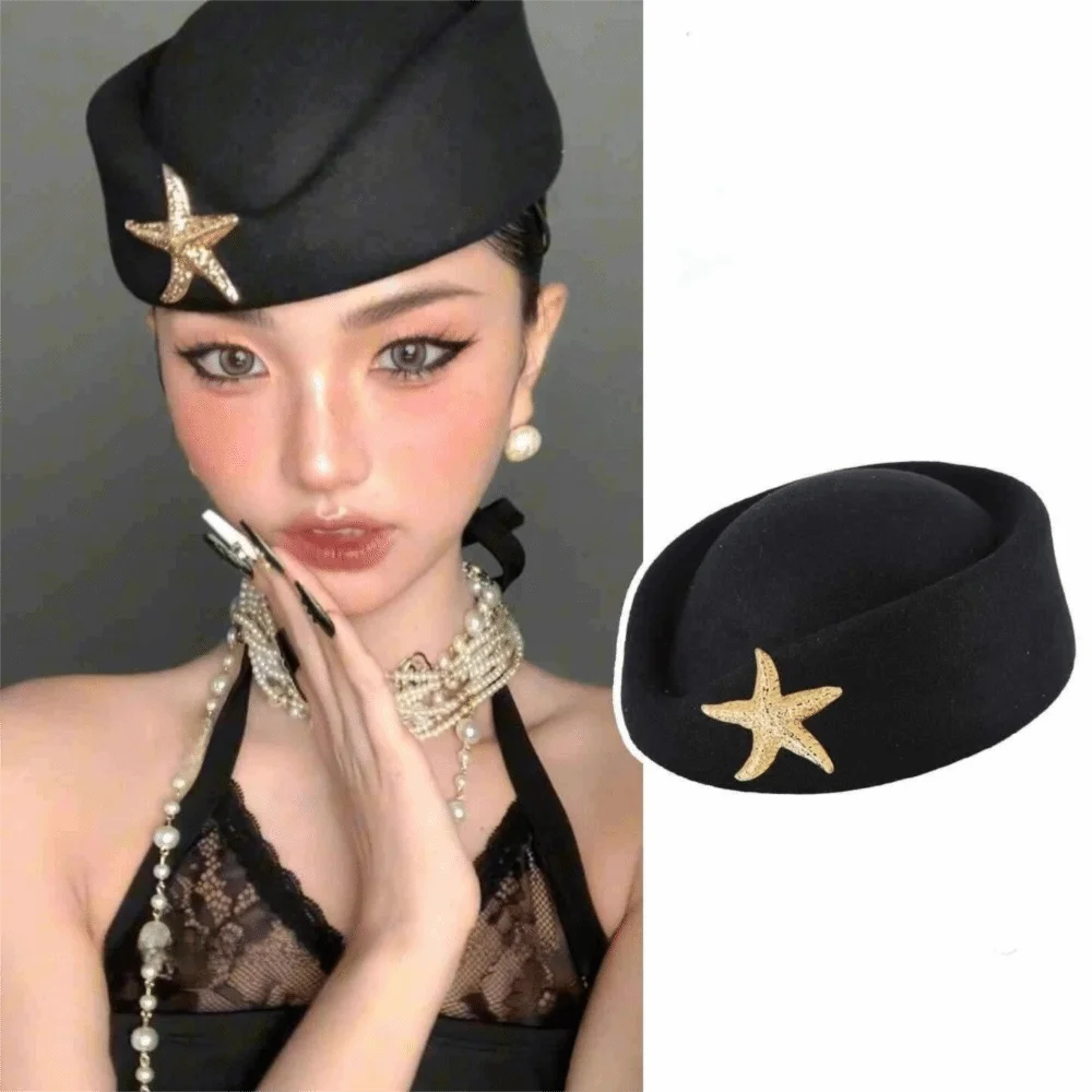 

Casual Rhinestone Topper Hat Flat-top Black Wool Beret Hat White British Style Flight Attendant Hat Photography Decoration