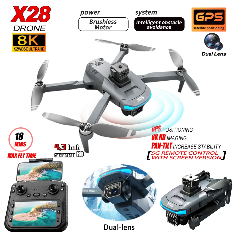 

New X28 LCD Screen RC FPV Drone 8K HD Dual-lens Camera WIFI Obstacle Avoidance GPS Drone Brushless RC Quadcopter Drone Toys Gift