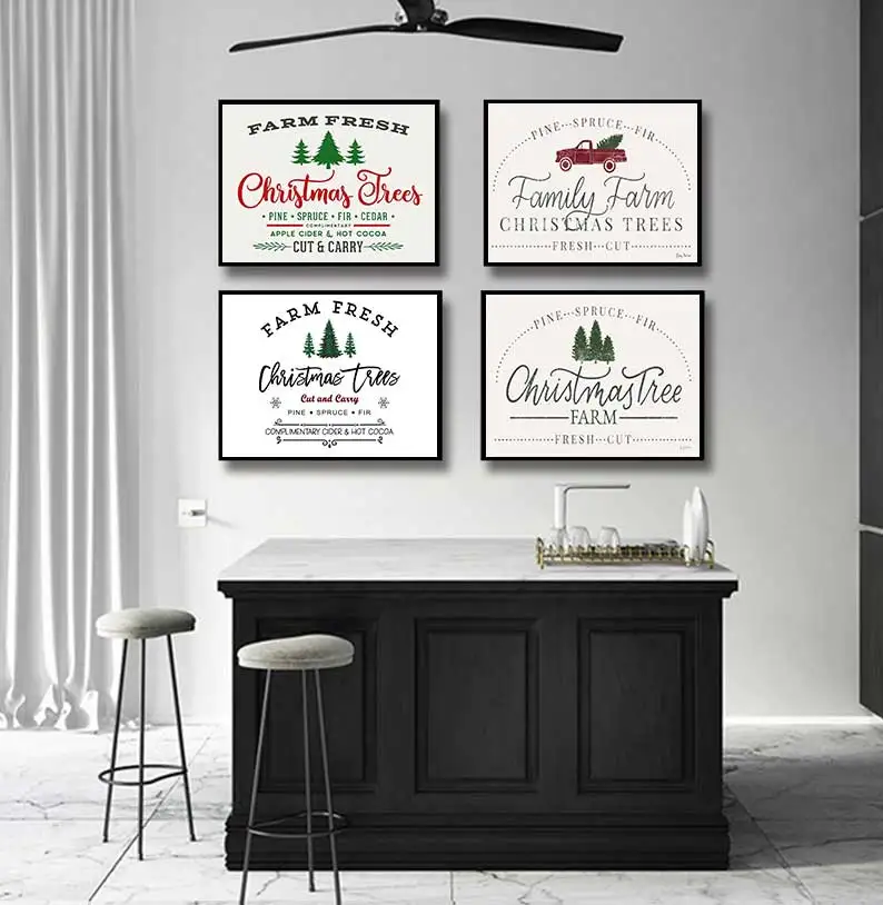 Art Canvas Poster Painting Christmas Home Decor and Rustic Sign Wall Picture Canvas Prints Farm Fresh Christmas Trees Sign