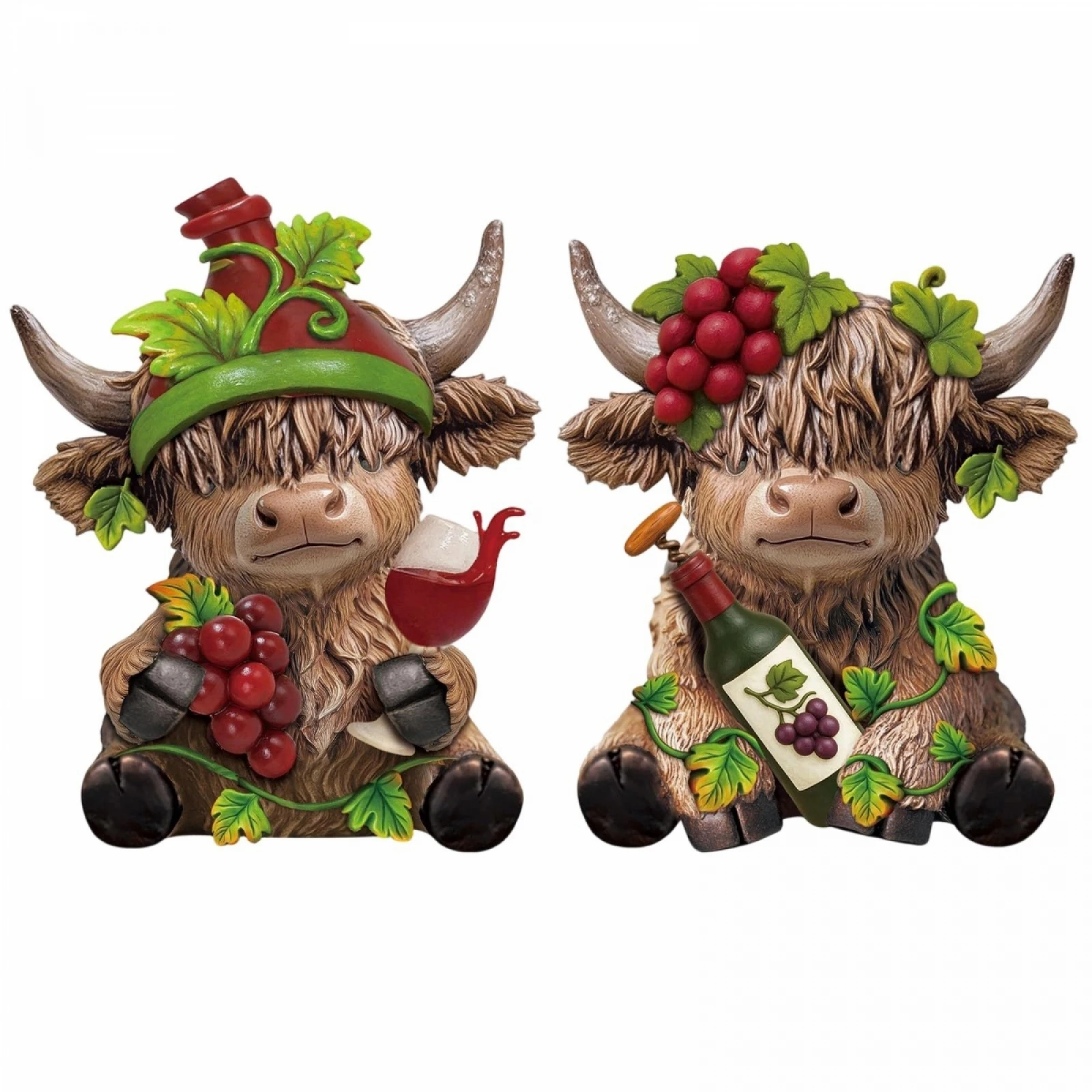 2 Pcs Highland Cow Figurines Wooden Wine Animal Statue Desk Decor