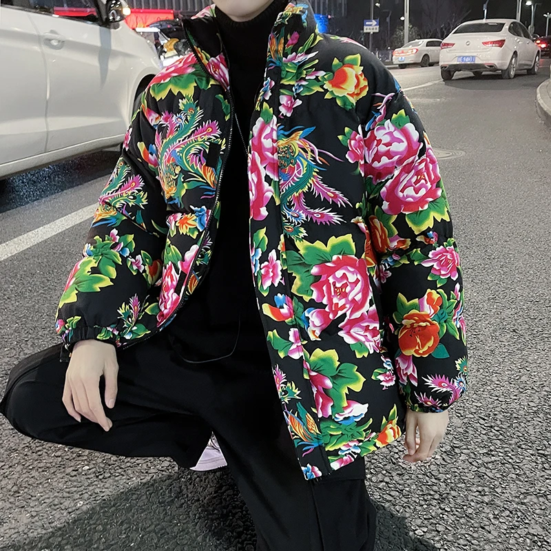 Northeast Big Flower Cotton-Padded Jacket Men's National Fashion Peony Flower Cotton-padded jacket Winter Thickened Internet ...