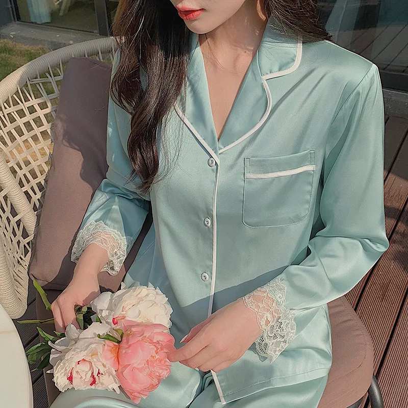 Cardigan Lace Women\'s Pajamas Long-sleeved Home Wear Set Nightwear Nightie Ice Silk Green Pajamas for Women Spring and Autumn