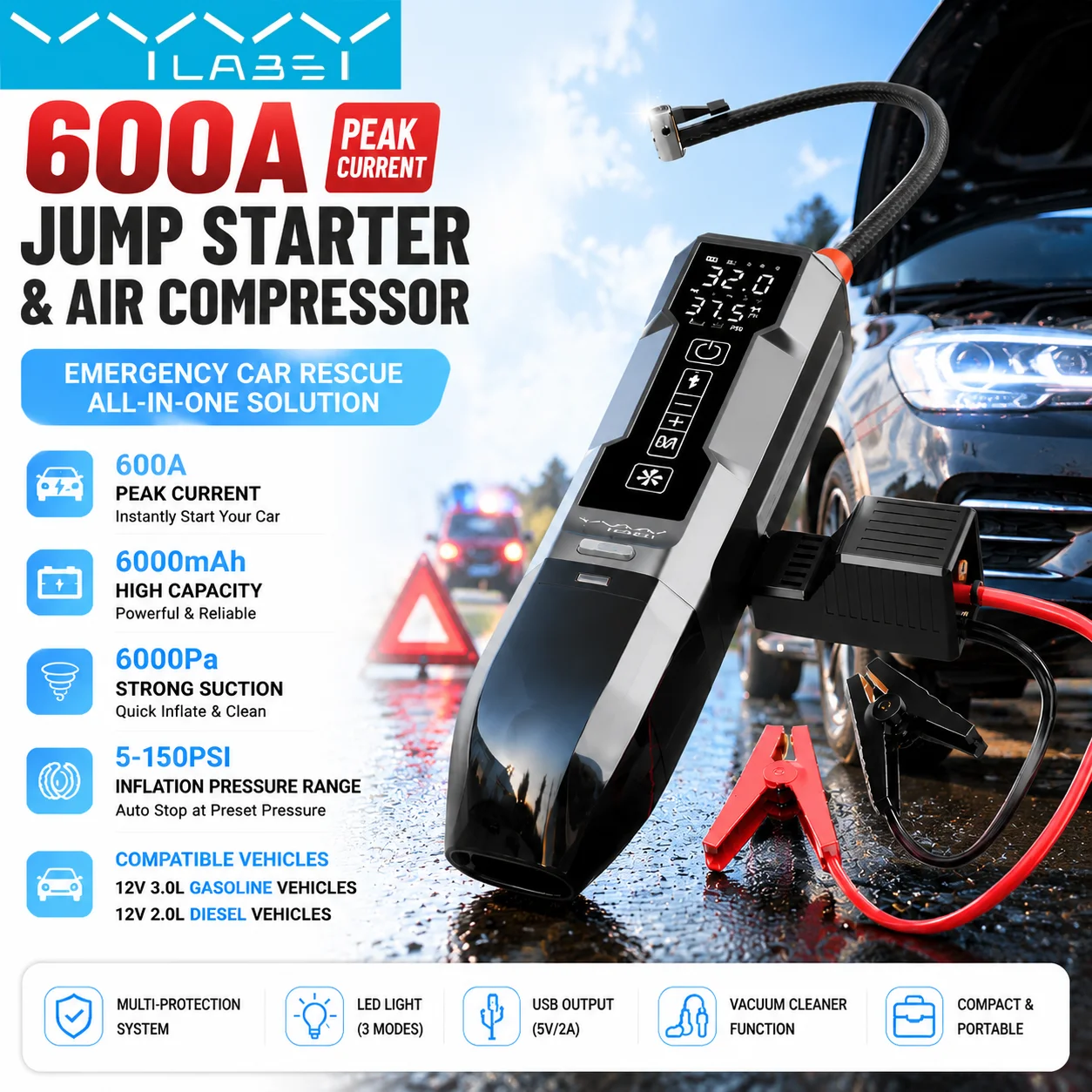 5-in-1 Multifunctional Car Vacuum Cleaner 6000Pa with Air Pump Tire Pressure Monitoring Car Emergency Start Emergency Light