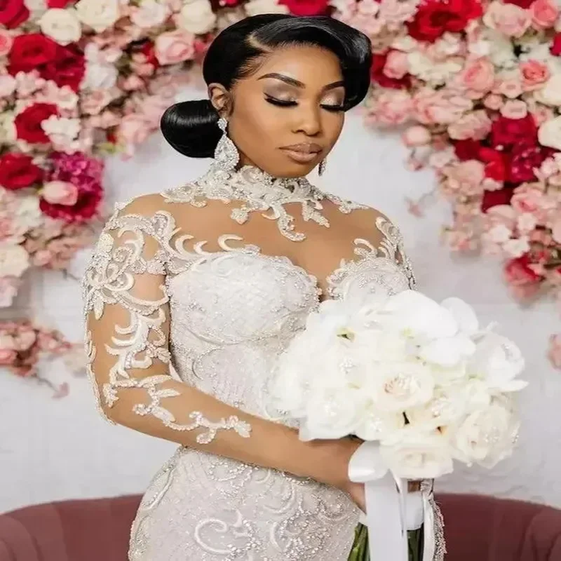 Aangepaste Hoge Hals Applicaties Kristallen Zeemeermin Trouwjurk Vestidos De Novia Lange Mouwen 2025, Arabische Aso Ebi Bruidsjurk