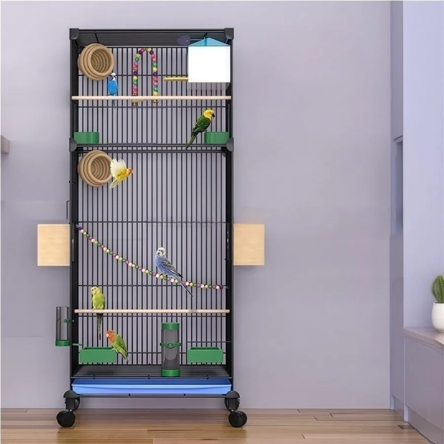 

39,4-дюймовая металлическая клетка для птиц на колесиках с подставкой, в комплект входит гнездо для травы, просторный дом для попугаев для волнистых попугаев, неразлучников, канарейки ​ Черный