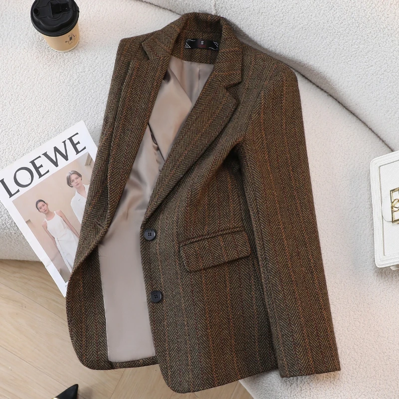 2026New Autumn Winter Coffee Retro Herringbone Woolen Blazer Women Coat Korean Casual Ladies Office Suit Jacket Female Outerwear