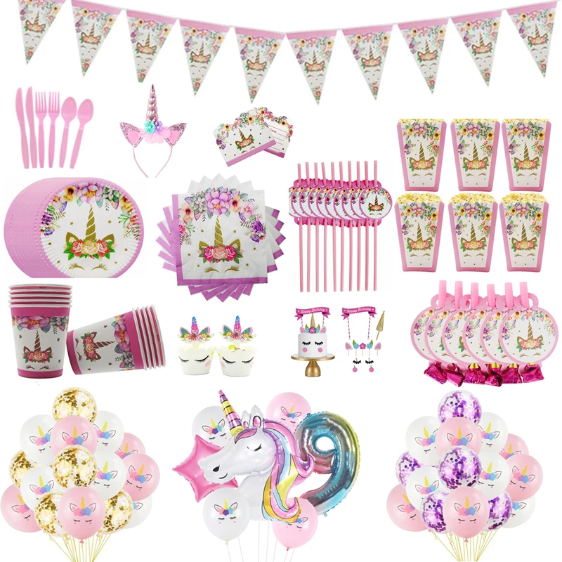 Unicorn Disposable Tableware Girl Unicorn Birthday Party Decoration Kids Unicorn Balloons Plate Napkin Unicorn Party Supplies