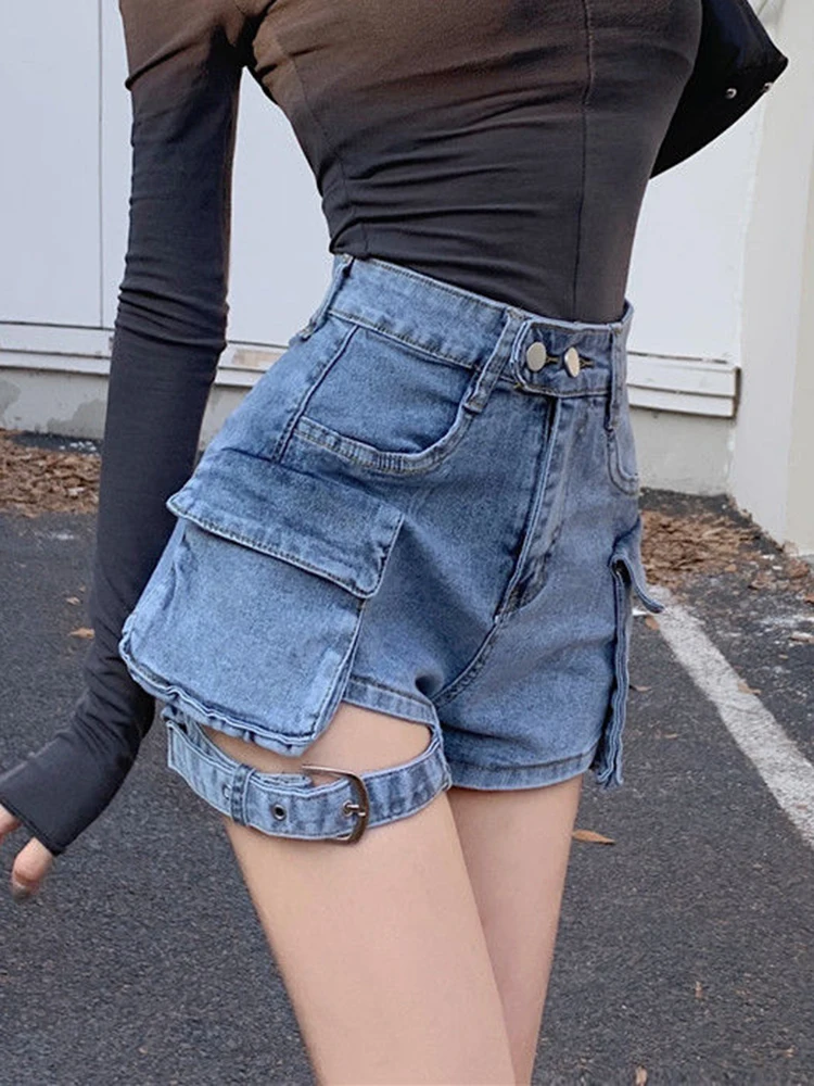 

Sexy Hollow Out Streetwear Denim Shorts Women High Waist Retro Casual Summer Slim All Match Pockets