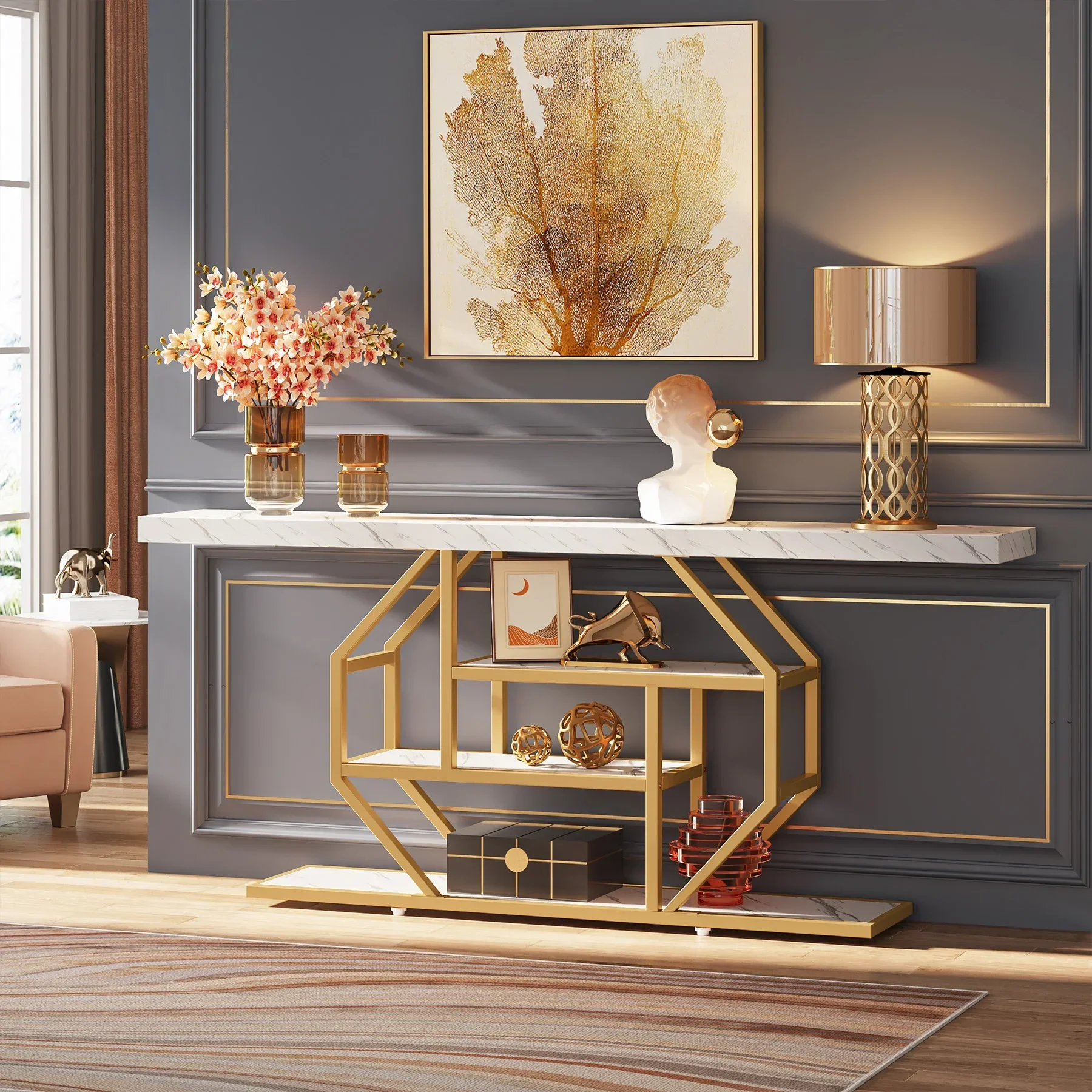 70.9 inch Extra Long Console Table, Modern Gold Sofa Table Behind Couch with Storage, 4 Tier Entryway Accent Table