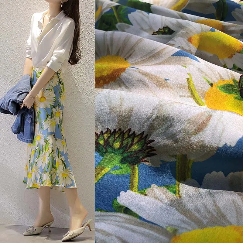 European brand summer popular color new product blue chrysanthemum digital printing crepe de chine skirt women\'s fabric