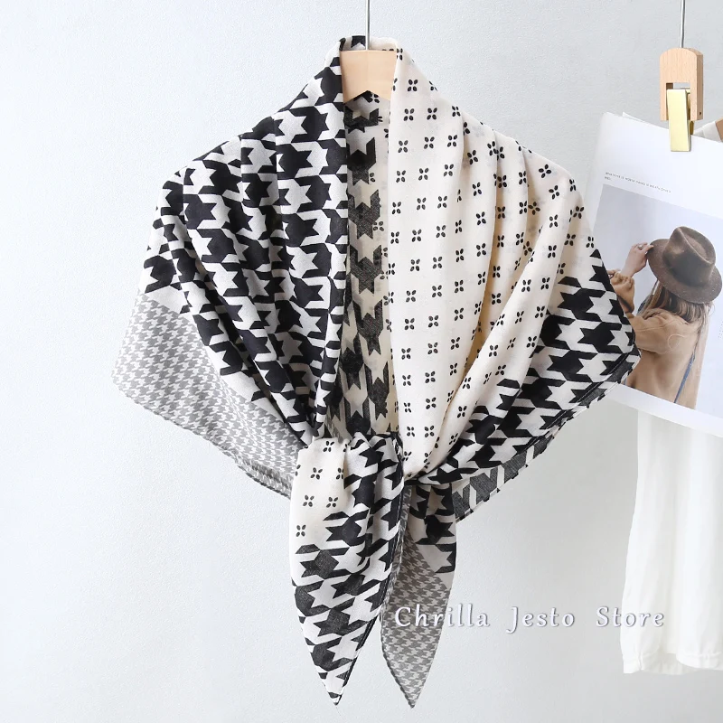 Women Autumn Winter Fashion Soft Multi Funciton Houndstooth Printed Wrap Cotton Feeling 110x110cm Square Hijab Scarf