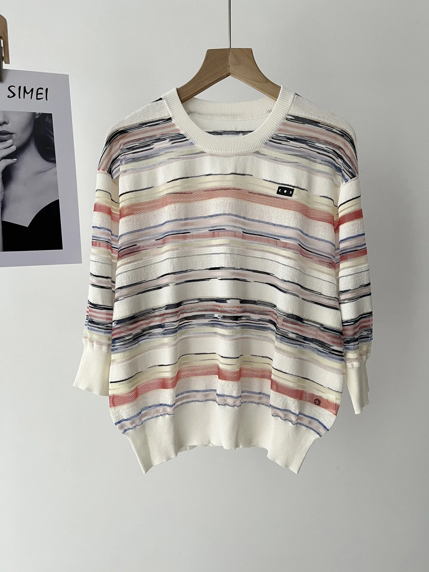 

Summer Fashion French Simple Versatile Striped Printed Crew Neck Short Sleeve Knitted Sweater Women 081-1009