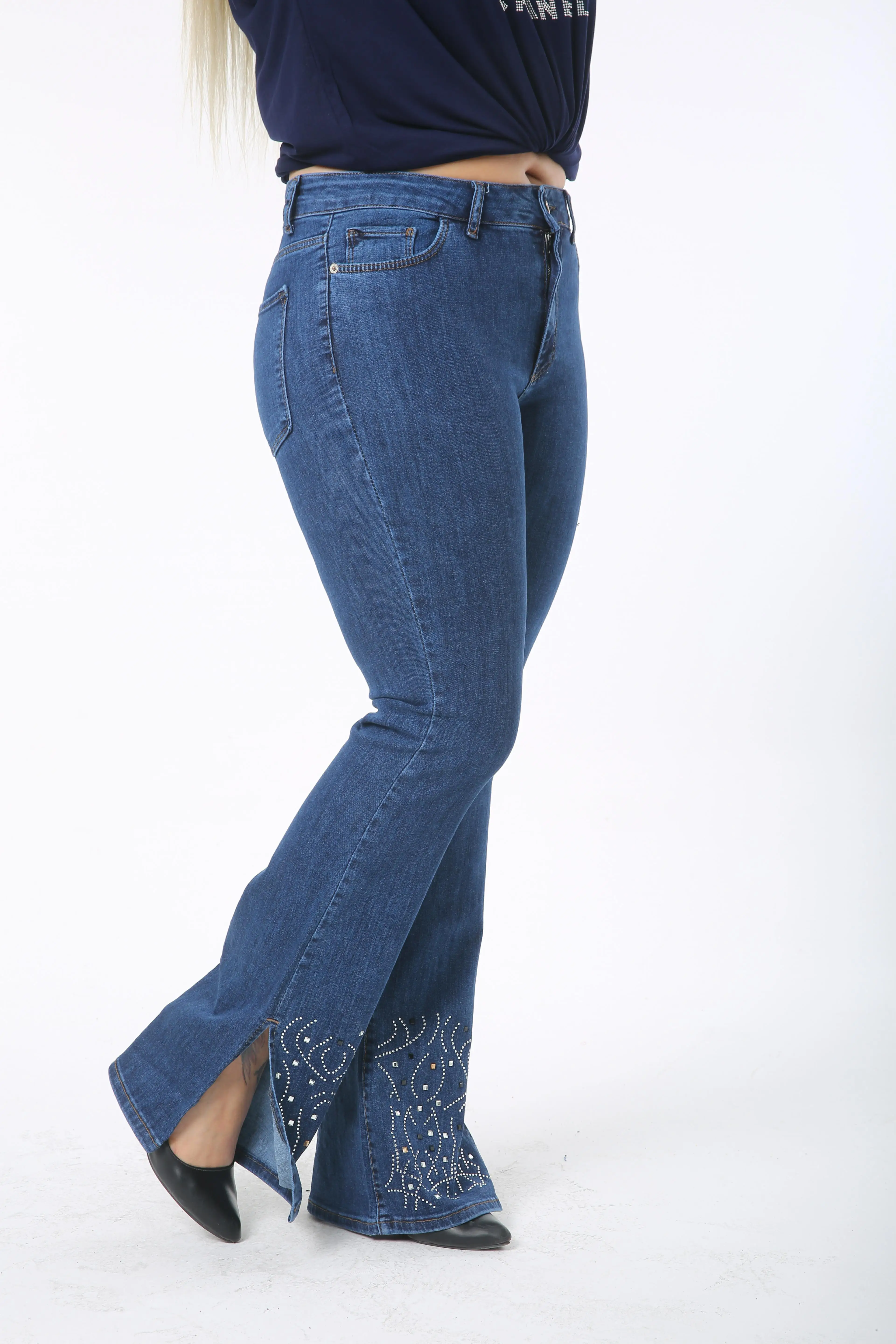 Diaves Women Plus Size Fashion High Waist Wide Leg Ankle Ripped Pearl Stone Embroidered Denim Pants Turkish Quality