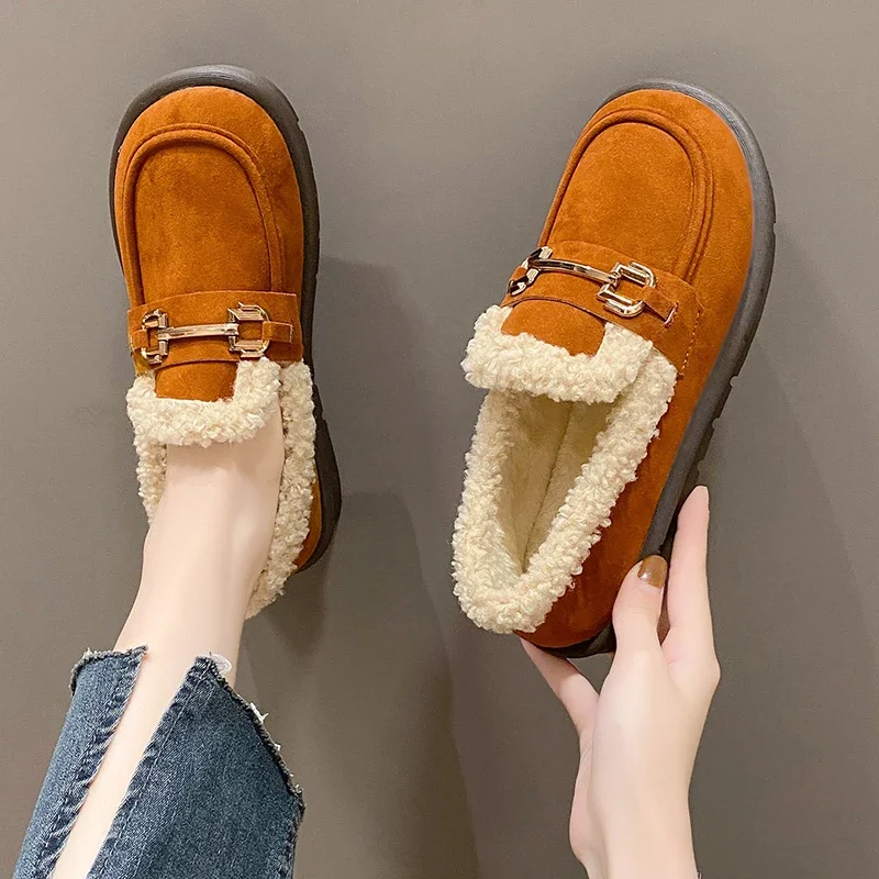 

2024, женские ботинки на плоской подошве, новые зимние ботинки с круглым носком, матовые короткие плюшевые лоферы с неглубоким носком, повседневные удобные нескользящие теплые ботинки