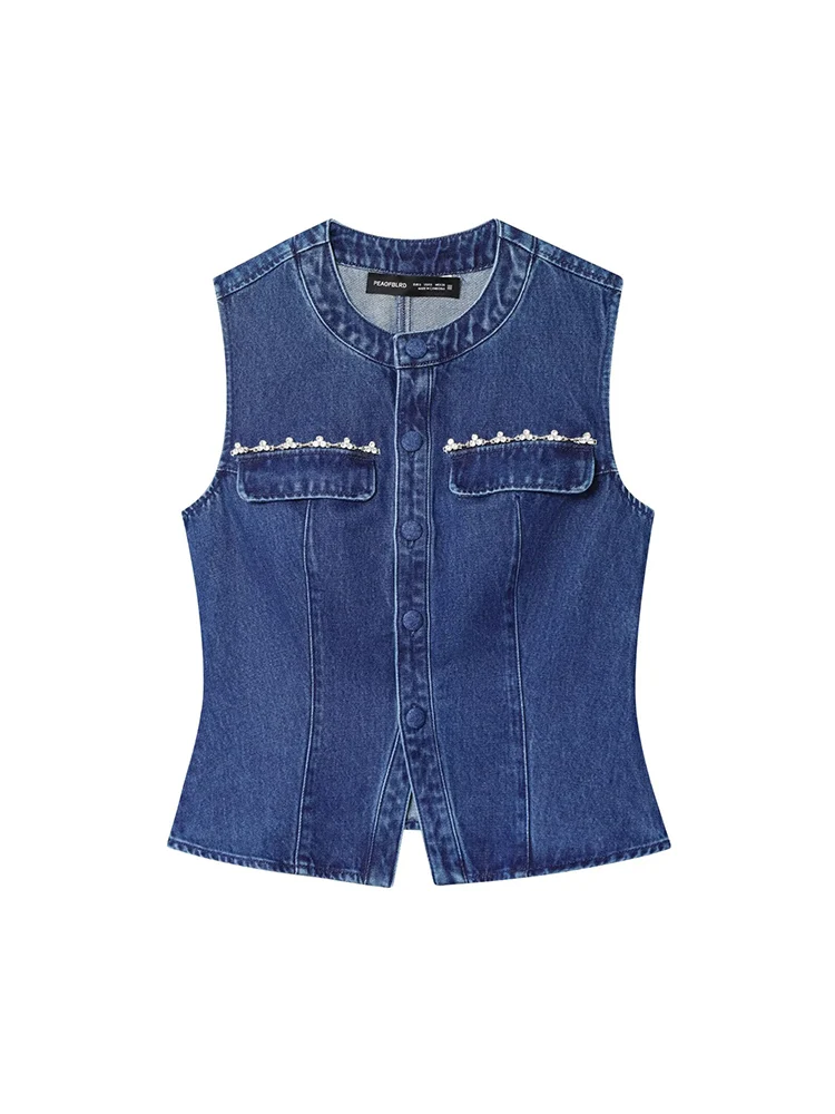 

European and American style autumn new fashion trend women's clothing design sense sleeveless commuter versatile denim vest