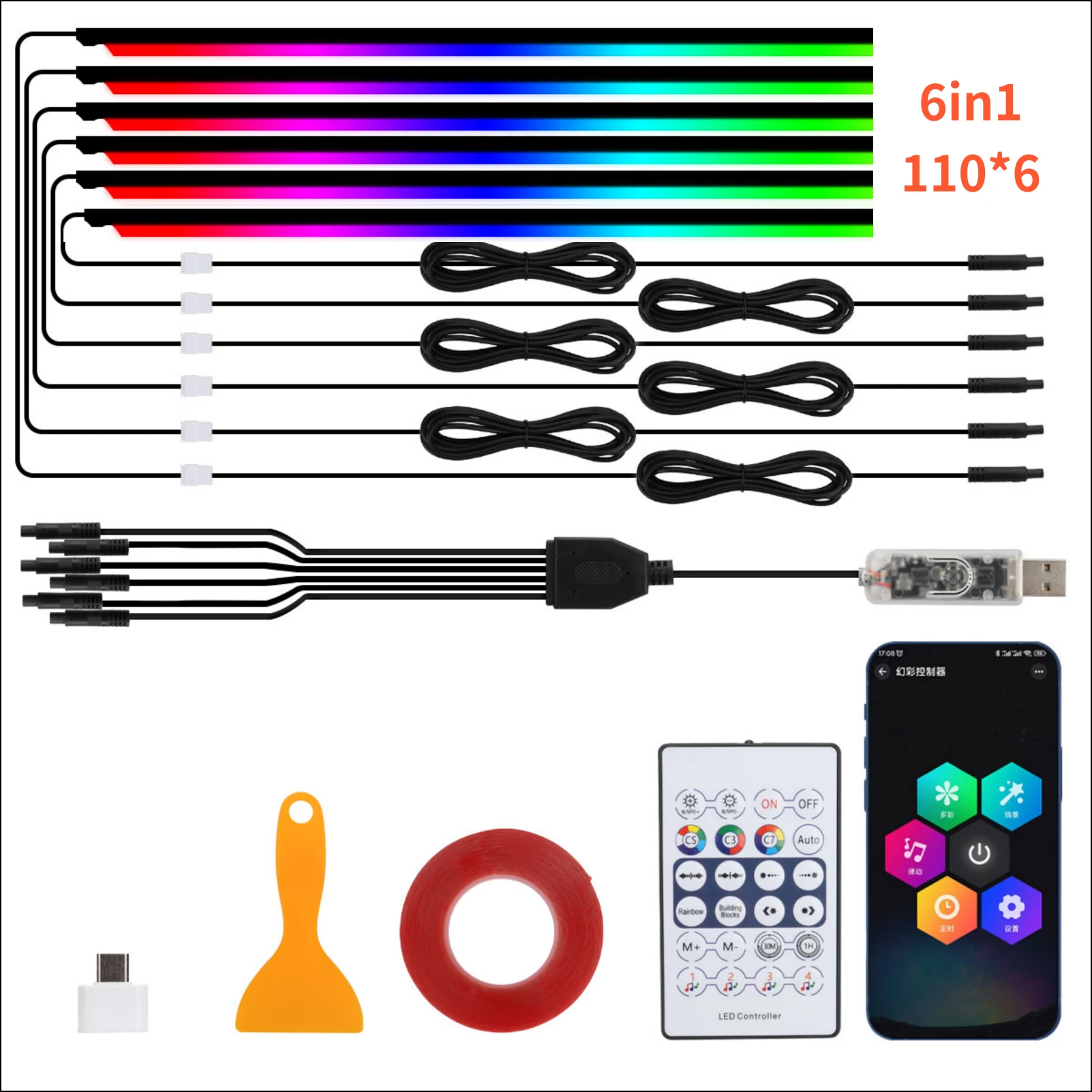 NONE 110 cm 43,31 "Auto Schiebedach Umgebungslichter LED Dachfenster Symphony RGB Innen Acryl Streifen Dekoration USB APP Fernbedienung 4