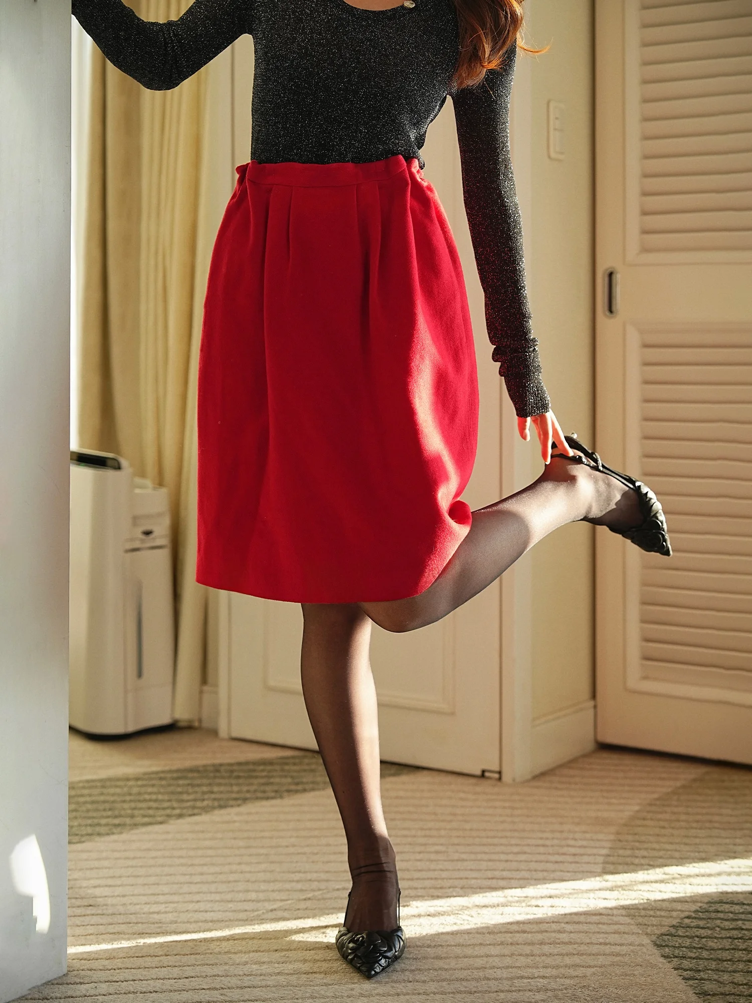 

Юбка-трапеция WinnieTang из шерстяной смеси, винтажная, красная, с цветочным узором, для похудения, повседневная, удобная, с завязками, антивозрастная