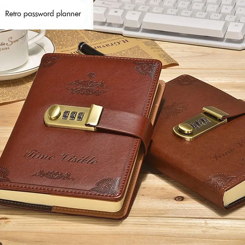 Classic Notebook Journal B6, Line Page, 260 Pages, PU Imitation Leather Cover, 100G Dowling Paper, 3 Digits Password, Pen Holder