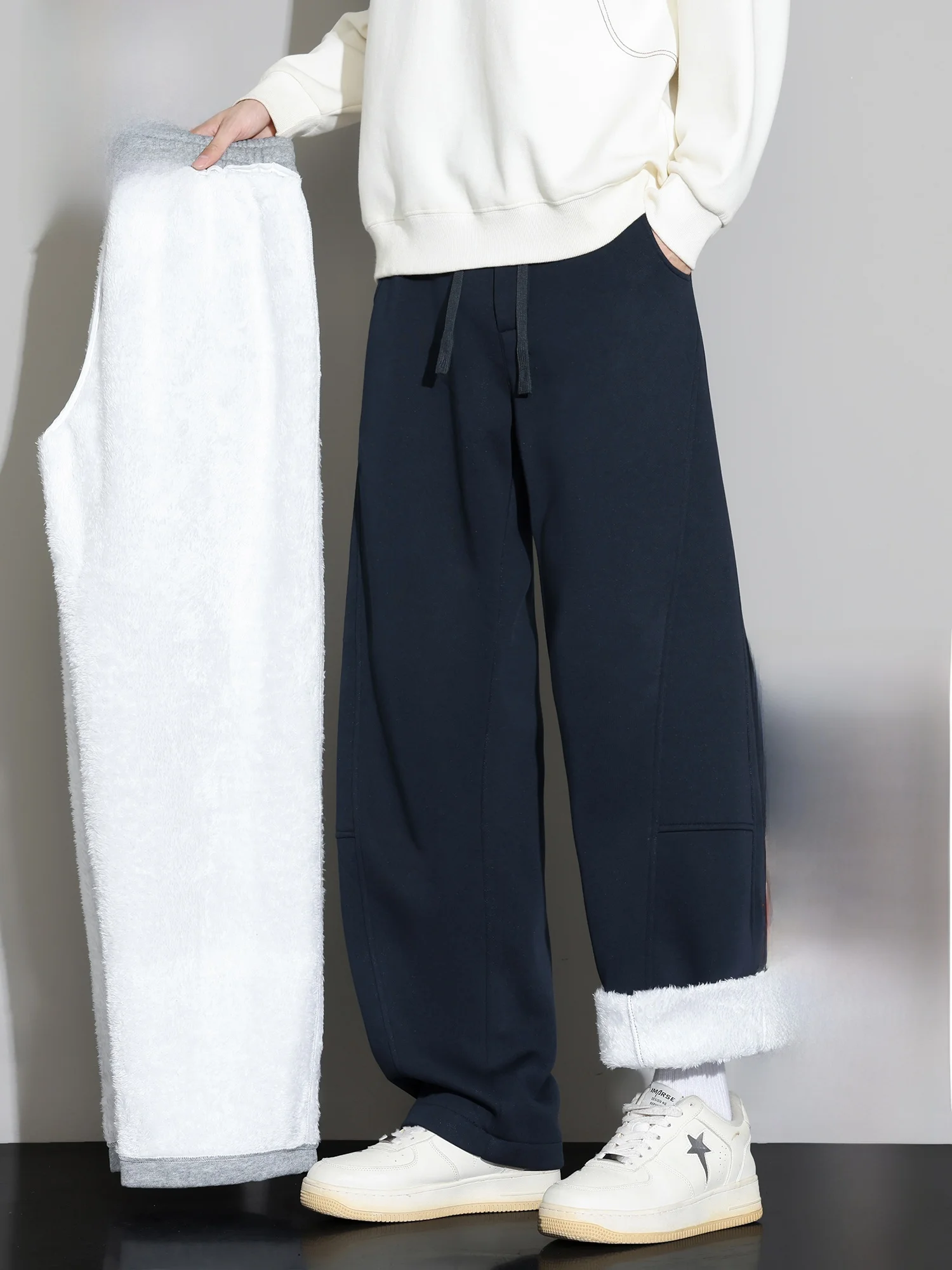 

Мужские повседневные брюки Paul Frank на флисовой подкладке, свободного кроя, спортивные зимние брюки, прямые штанины, трикотаж из смеси хлопка и полиэстера