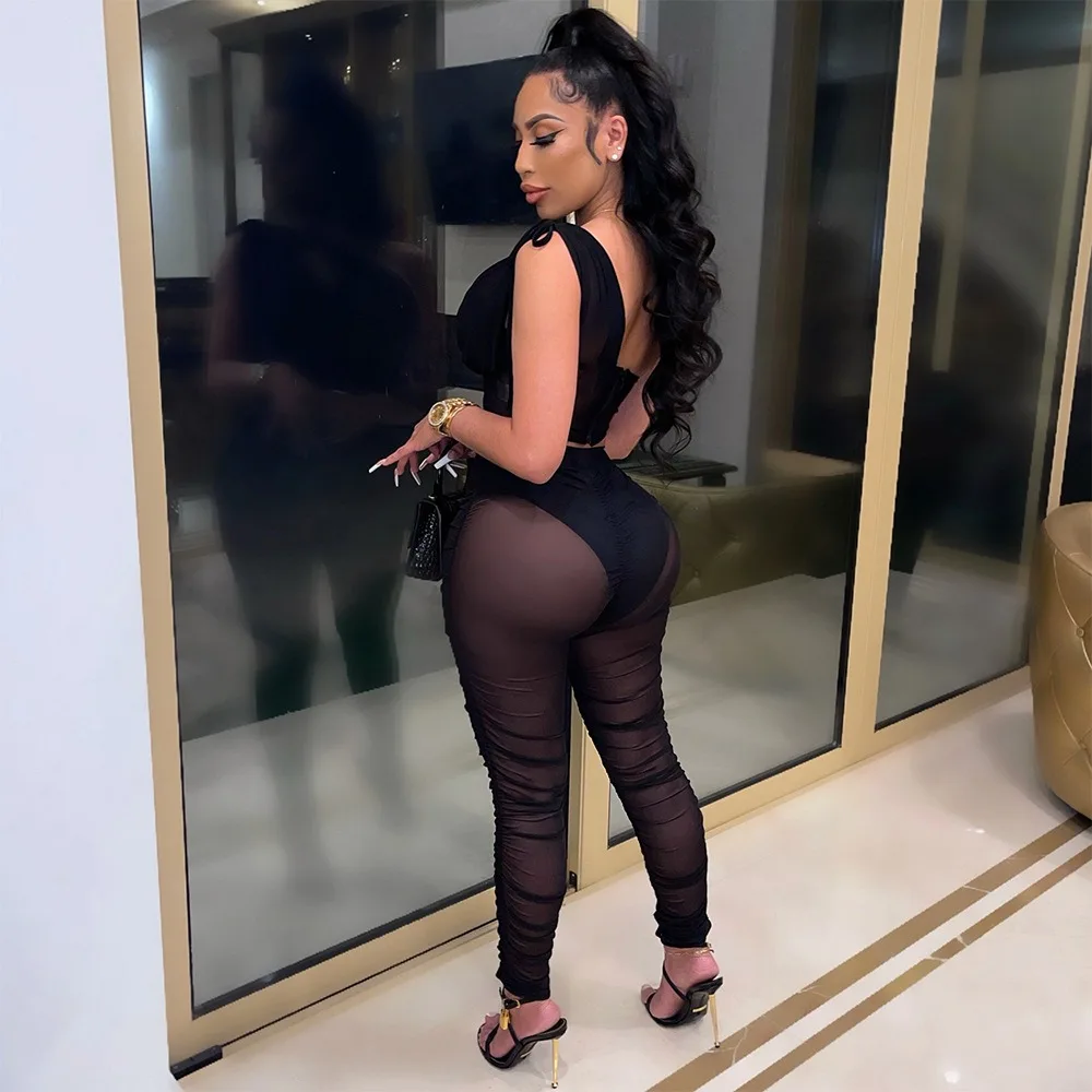 Sexy Nightclub Party Club Banquet Prom Mesh See Through Irregular Top Two Piece Jumpsuit