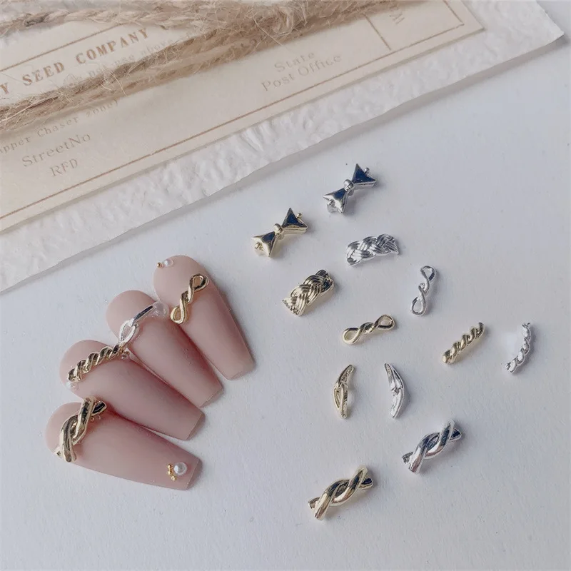 50Pcs Alloy Multi-Designs Nail Art Rhinestones Gold Silver Knot Design Designs Charms Simple Gems Stones For Nail DIY Crafts