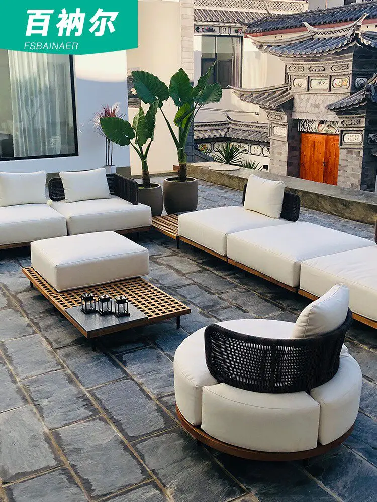 Teak rattan furniture rattan sofa chair outdoor terrace garden leisure rattan chair sofa