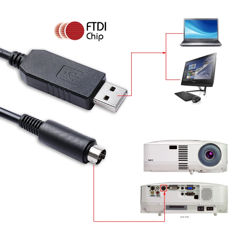 

FTDI FT231XS USB to Mini Din 8-pin RS232 Serial PC Control Communication Cable for NEC Projectors VT590/VT595/VT695/VT700