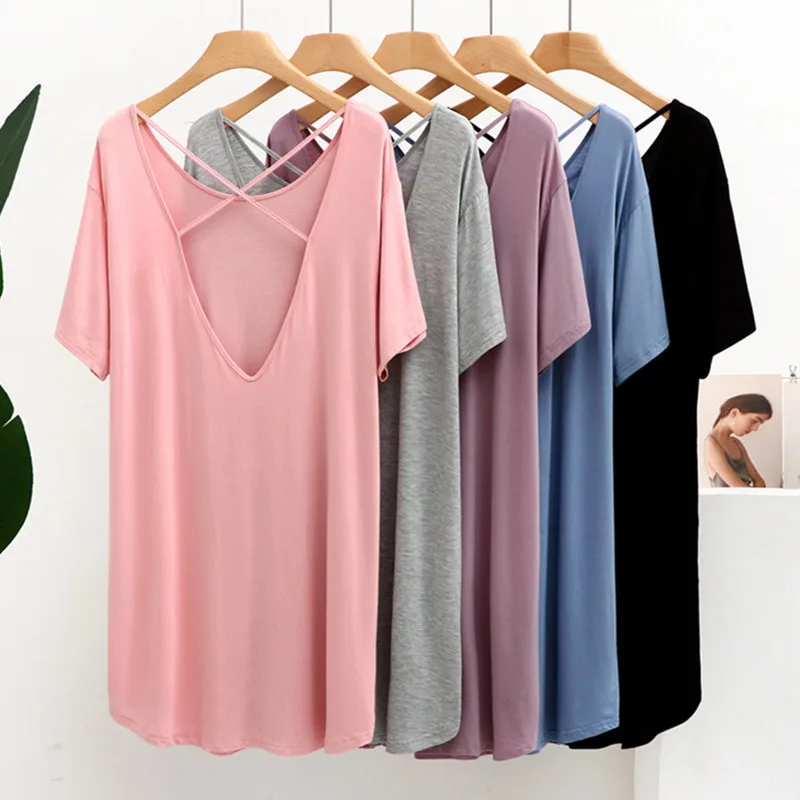 

Comfortable Modal Summer Homewear Nightshirt Medium Length Sleep Dress Backless Sexy Lingerie Sleepwear Women Nightgowns